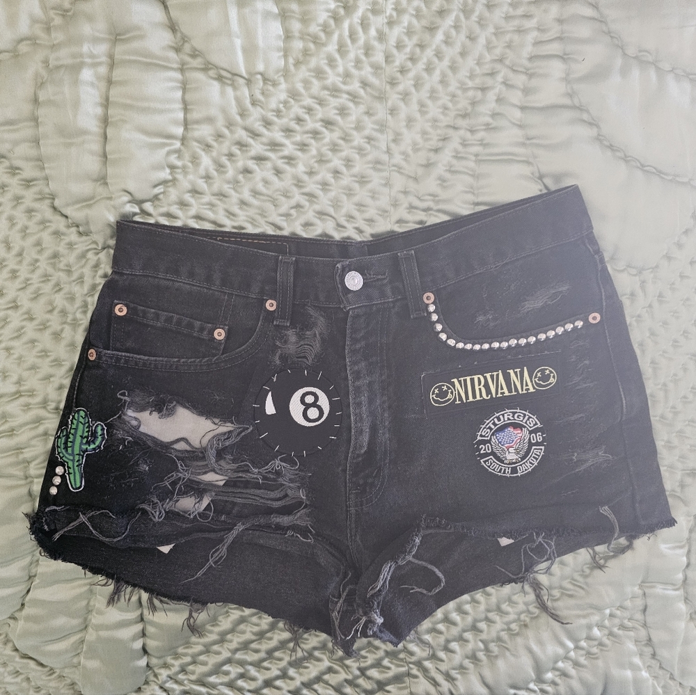 CUSTOM Patched Studs Levi's Black Jean Shorts PBR Nirvana Fit Size 30/12
